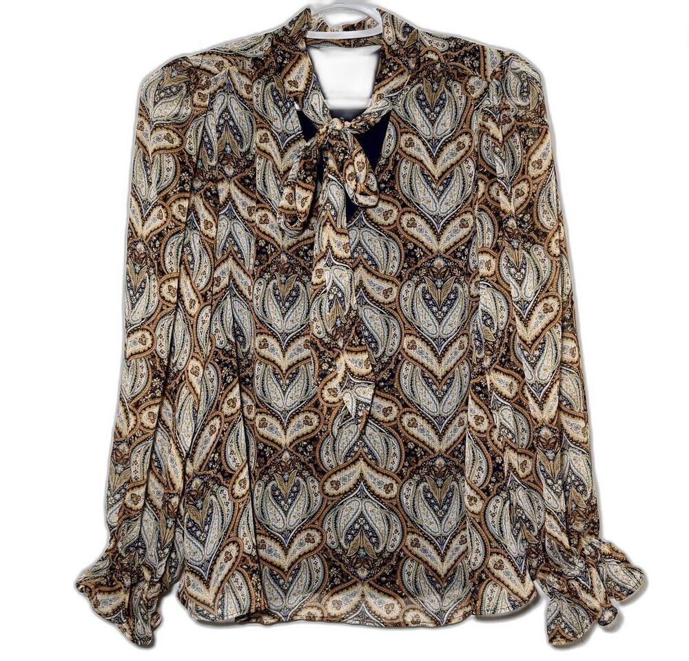 LC Lauren Conrad Paisley Bow Tie Neck Blouse Women’s Small Lined Ruffle Cuff